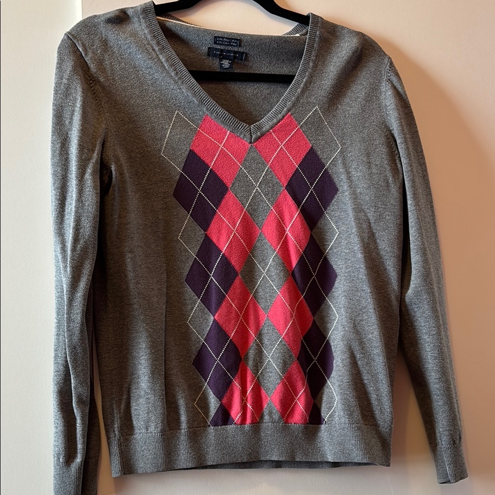 Tommy Hilfiger Gray and Pink V-Neck Sweater